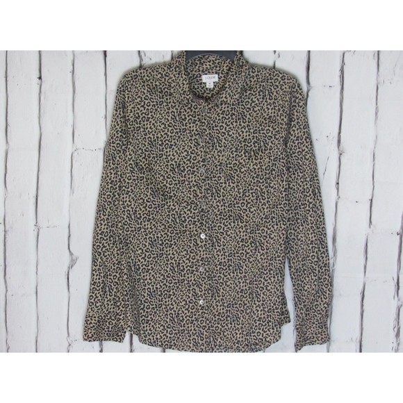 Tops - J. Crew Women Blouse Medium Brown Leopard Collared Button Front Casual Fall 2020
